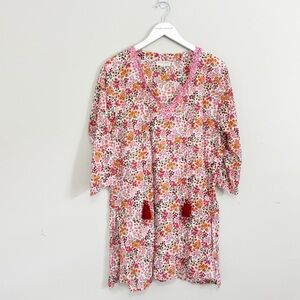 LARAETHNICS Women’s Pink Red Multi Cotton Ditsy Floral Sequined Dress Size L/XL